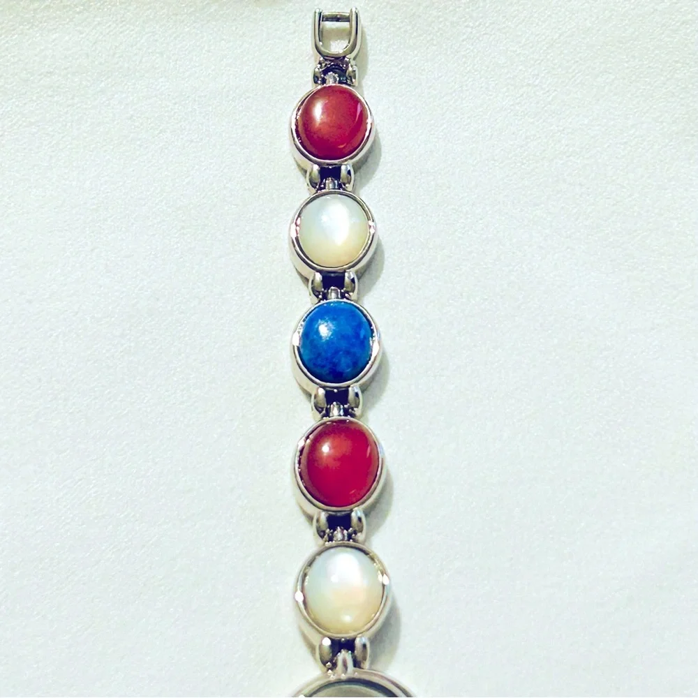 Women's N Moore Silver-toned Watch w/Lapis Lazuli, Mother of Pearl and Car…